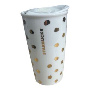 Starbucks 2014 Gold Dots White Ceramic Coffee Mug 12 oz Double Wall Ceramic Lid